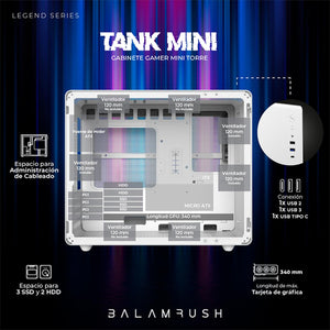 Gabinete Gamer BALAM RUSH TANK MINI GI930 M-ATX Mini Torre 3 Fan RGB USB-C Blanco BR-936040