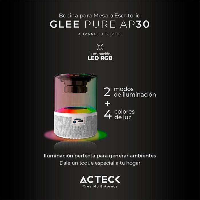 Bocina Portatil ACTECK GLEE PURE AP30 Inalambrica Luz LED Tws Blanco AC-936439