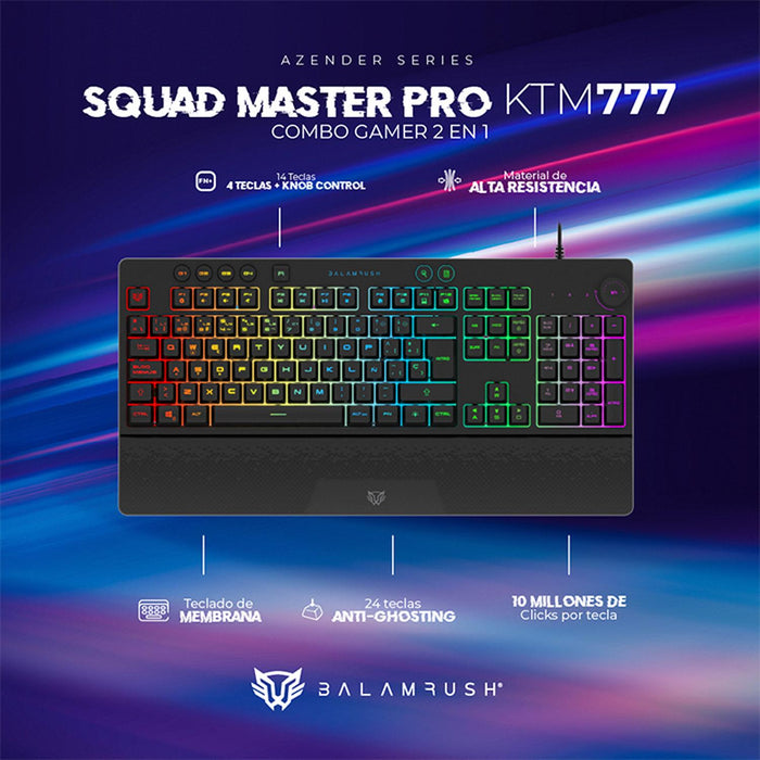 Kit Teclado y Mouse Gamer BALAM RUSH SQUAD MASTER PRO KTM777 Alambrico USB RGB Negro BR-936903