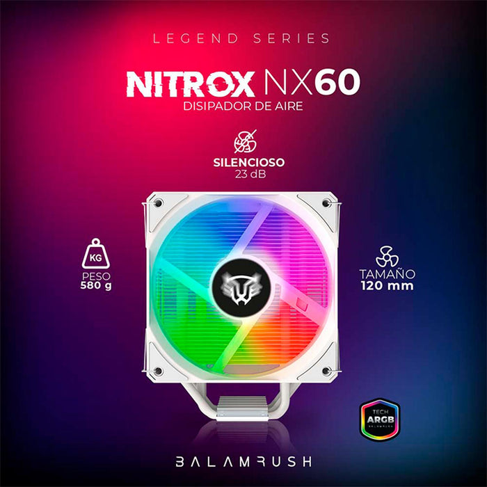 Disipador CPU Gamer BALAM RUSH NITROX NX60 120mm ARGB LGA 1700 AM5 600-1800 rpm 4-pin Blanco BR-937924