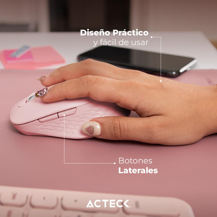 Mouse ACTECK OPTIMIZE FLOW MI480 Ergonomico 1600dpi 6 Botones Inalambrico USB 2.4 Ghz Rosa AC-939850