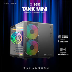 Gabinete Gamer BALAM RUSH TANK MINI GI930 M-ATX Mini Torre 3 Fan RGB USB-C Negro BR-936033