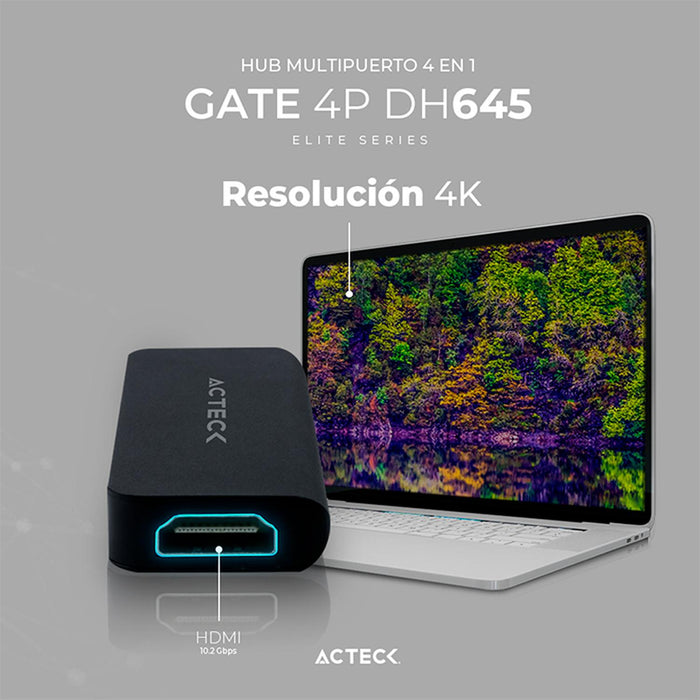 HUB ACTECK GATE 4P DH645 Multipuerto 4 en 1 USB-C HDMI 4K Negro AC-934640