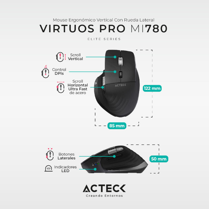 Mouse Ergonomico ACTECK VIRTUOS PRO MI780 3000dpi Inalambrico 8 botones Negro AC-936187