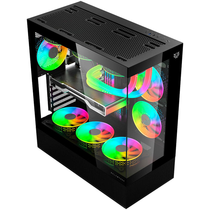 Gabinete Gamer BALAM RUSH TANK SUPER 9200 TB ATX Media Torre 3 Fan ARGB Cristal Templado Sin Bordes USB-C Negro BR-938723