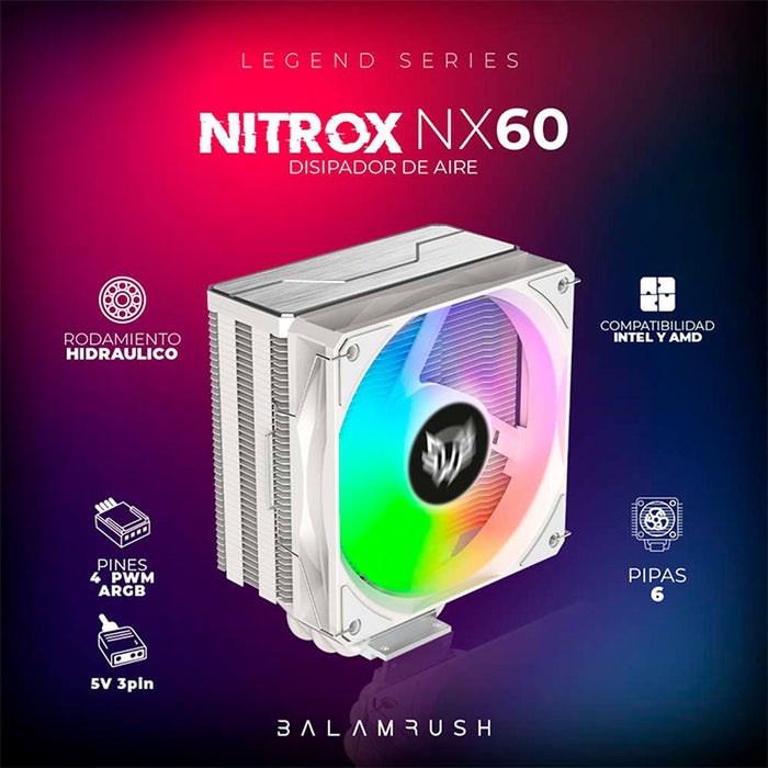 Disipador CPU Gamer BALAM RUSH NITROX NX60 120mm ARGB LGA 1700 AM5 600-1800 rpm 4-pin Blanco BR-937924