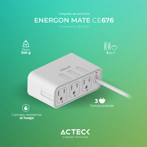Cargador de Escritorio ACTECK ENERGON MATE CE676 3 Conectores + 2 USB + USB-C Blanco AC-936521