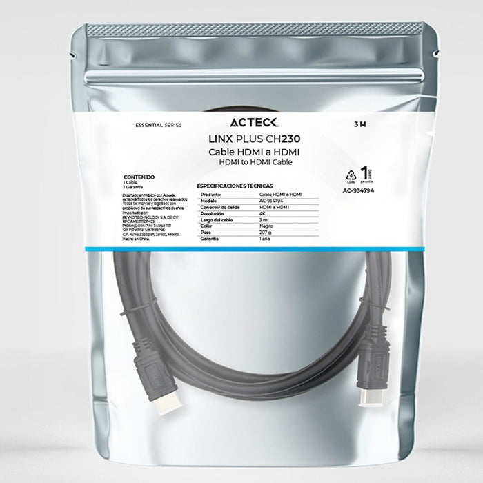Cable ACTECK LINX PLUS CH230 HDMI a HDMI 4K 3m Negro AC-934794