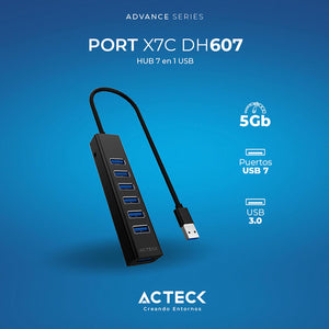 HUB ACTECK PORT X7C DH607 7 en 1 USB-C USB Negro AC-937030