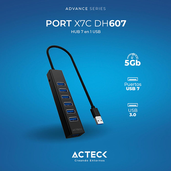 HUB ACTECK PORT X7C DH607 7 en 1 USB-C USB Negro AC-937030