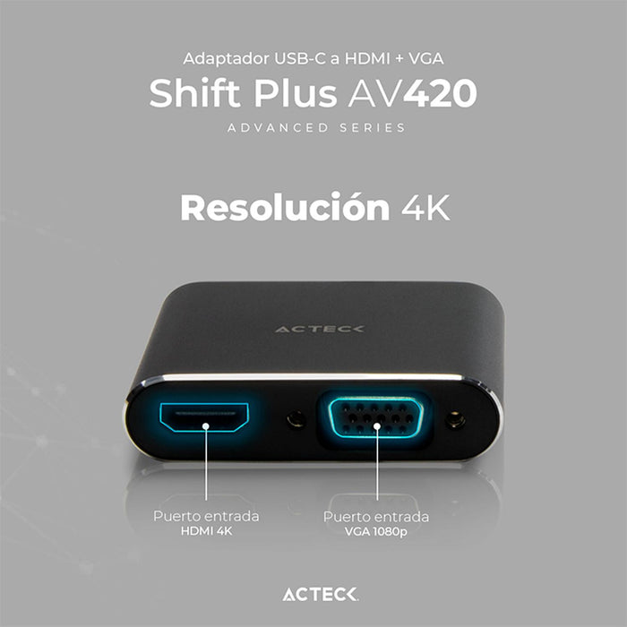 Adaptador Convertidor ACTECK SHIFT PLUS AV420 USB Tipo C a HDMI + VGA Negro AC-934657