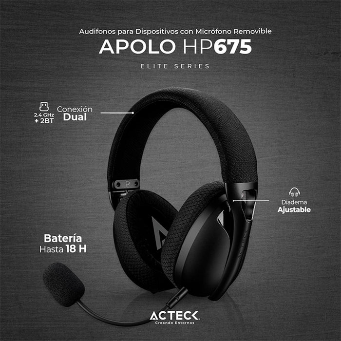 Audifonos Diadema ACTECK APOLO HP675 Inalambricos con Microfono Removible Negro AC-935333