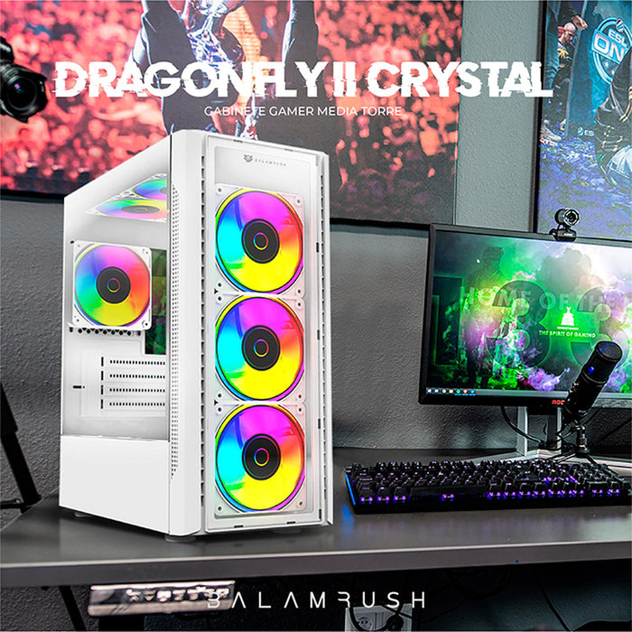 Gabinete Gamer BALAM RUSH DRAGONFLY II CRYSTAL GM745s Micro ATX Media Torre 3 Fan Cristal Templado Blanco BR-936064