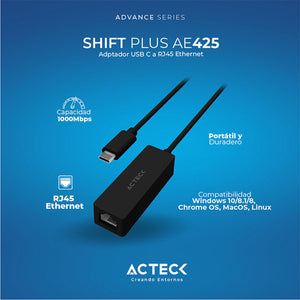 Adaptador convertidor ACTECK SHIFT PLUS AE425 USB-C a Ethernet RJ45 Negro AC-937085