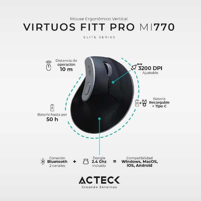 Mouse Ergonomico ACTECK VIRTUOS FITT PRO MI770 1600dpi Inalambrico 8 botones Negro AC-936200