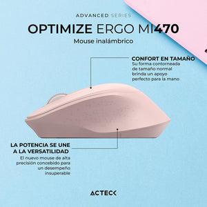 Mouse ACTECK OPTIMIZE ERGO MI470 Ergonomico 1600dpi 2 Botones Inalambrico USB 2.4 Ghz Rosa AC-939881