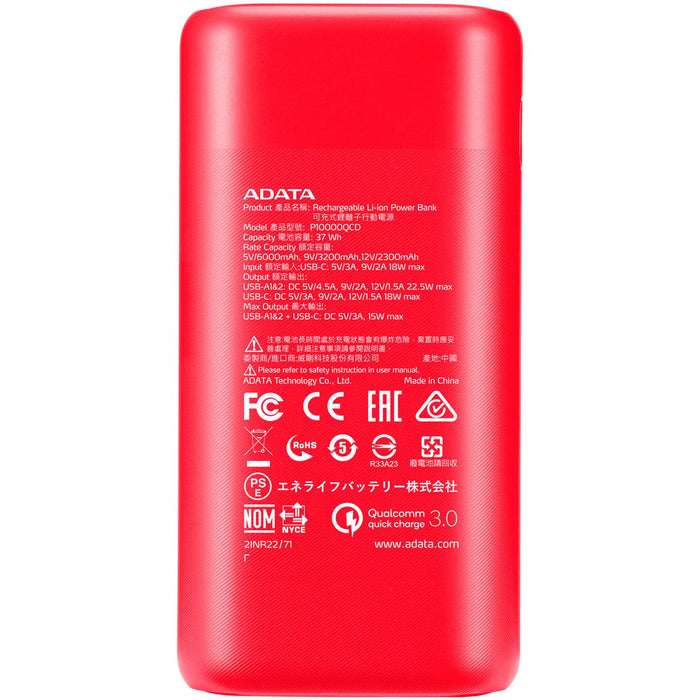 Power Bank 20000MAH ADATA P20000QCD Bateria Portatil Tipo C Rojo AP20000QCD-DGT-CRD