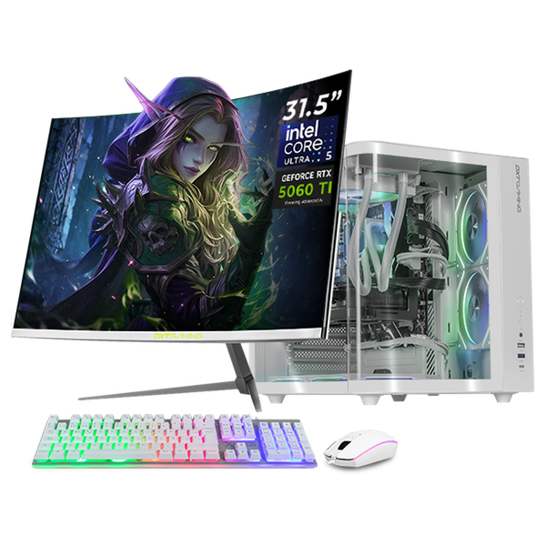 DXT PC IA Performance NVIDIA GeForce RTX 5060 Ti 16GB Intel Core Ultra 5 250K Plus NPU 13 TOPS 16GB DDR5 SSD 1TB Monitor Curvo 31.5 180Hz WIFI White Automatiza y crea con fluidez