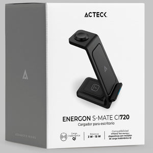 Cargador inalambrico ACTECK ENERGON S-MATE CI720 iPhone IWatch AirPods USB-C Negro AC-937153