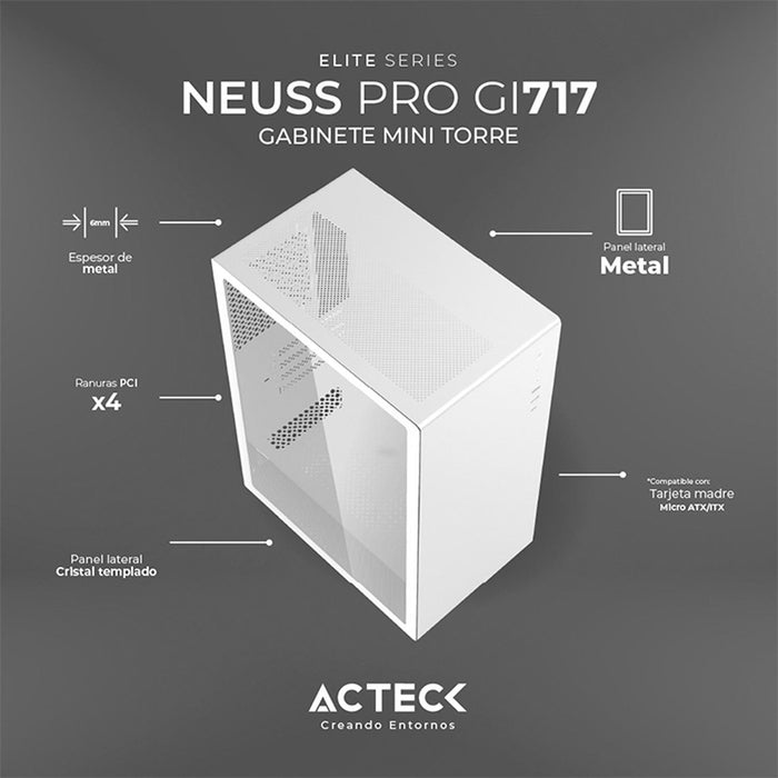 Gabinete ACTECK NEUSS PRO GI717 Mini Torre Fuente 500W M-ATX Cristal Templado Blanco AC-936002