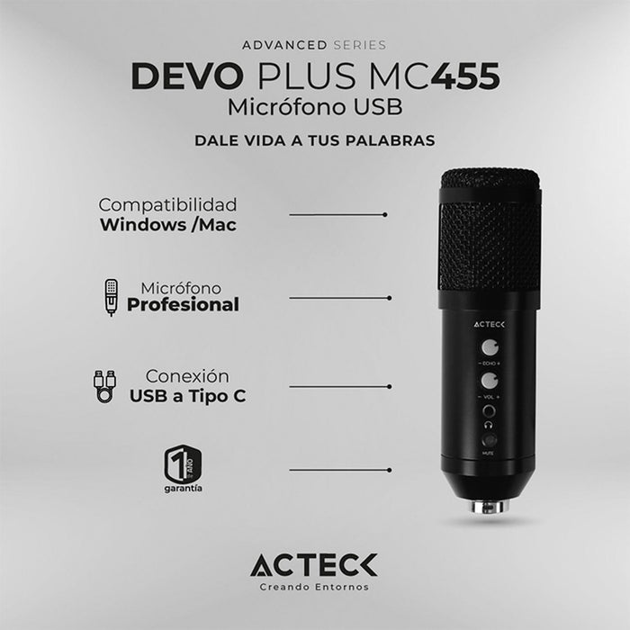 Microfono Gamer ACTCEK DEVO PLUS MC455 tripie USB-C Negro AC-936446