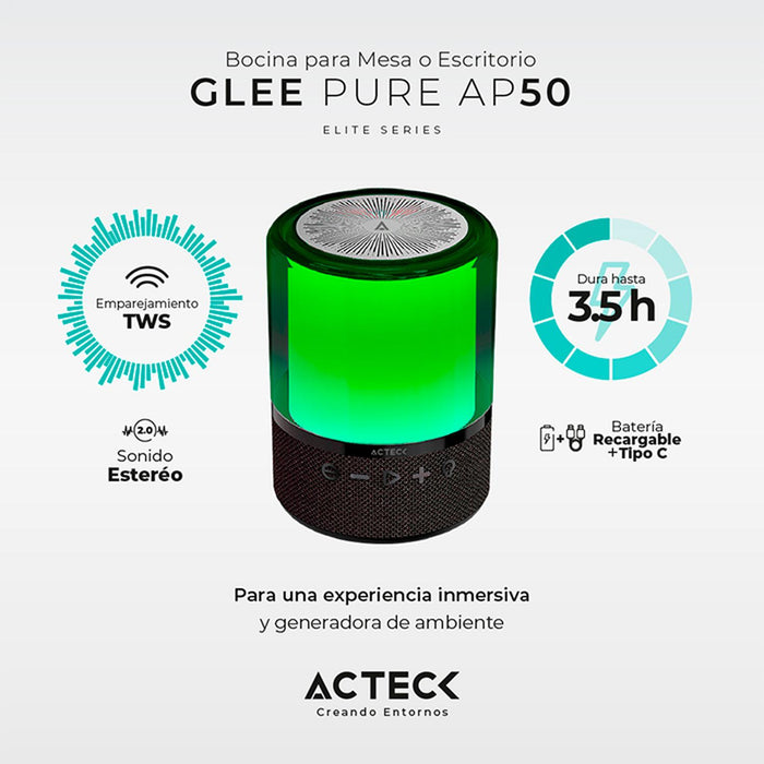 Bocina Portatil ACTECK GLEE PURE AP50 Inalambrica Luz LED Tws Negro AC-936408