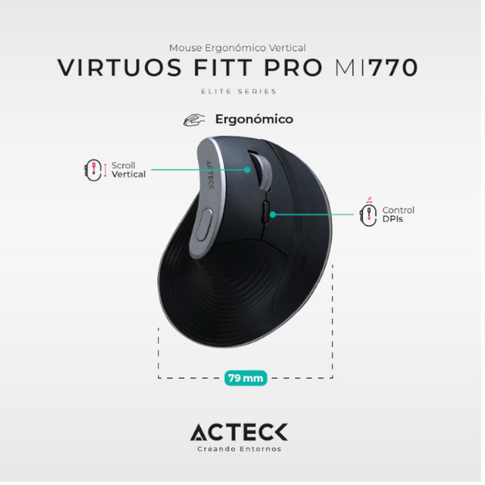 Mouse Ergonomico ACTECK VIRTUOS FITT PRO MI770 1600dpi Inalambrico 8 botones Negro AC-936200