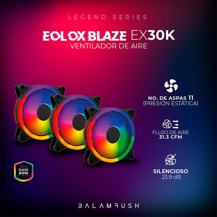 Kit 3 Ventiladores Gamer BALAM RUSH EOLOX BLAZE EX30K 120mm ARGB Diseño Circular Borde LED Rainbow 1200RPM Negro Molex BR-938006