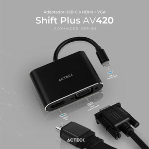 Adaptador Convertidor ACTECK SHIFT PLUS AV420 USB Tipo C a HDMI + VGA Negro AC-934657