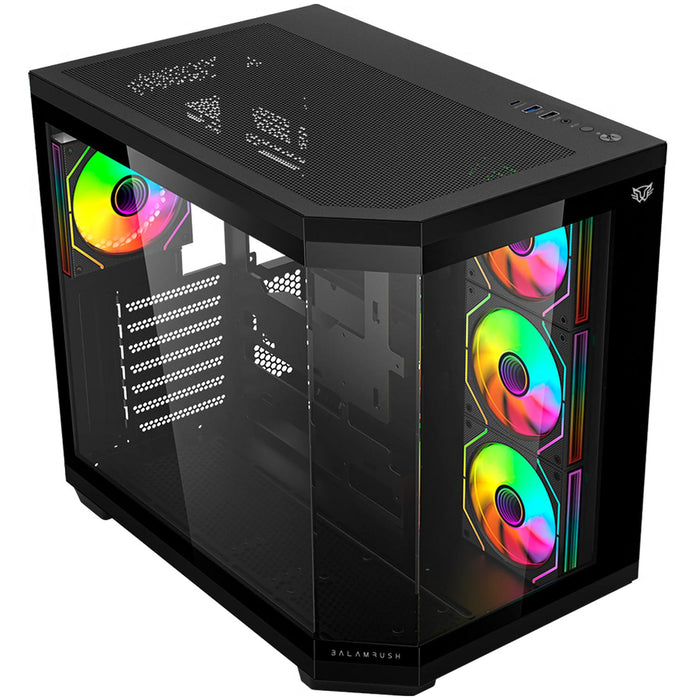 Gabinete Gamer BALAM RUSH TANK MASTER 9600 TB ATX Media Torre 4 Fan ARGB Cristal Templado Sin Bordes USB-C Negro BR-938679