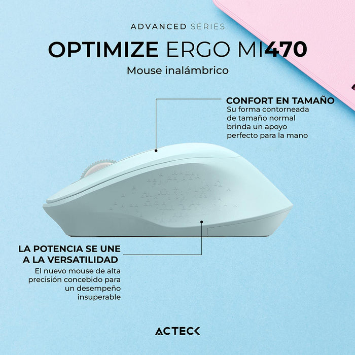 Mouse ACTECK OPTIMIZE ERGO MI470 Ergonomico 1600dpi 2 Botones Inalambrico USB 2.4 Ghz Tiffany AC-939898