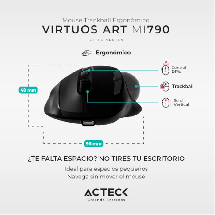 Mouse Ergonomico ACTECK VIRTUOS ART MI790 1600dpi Inalambrico 8 botones Negro AC-936309