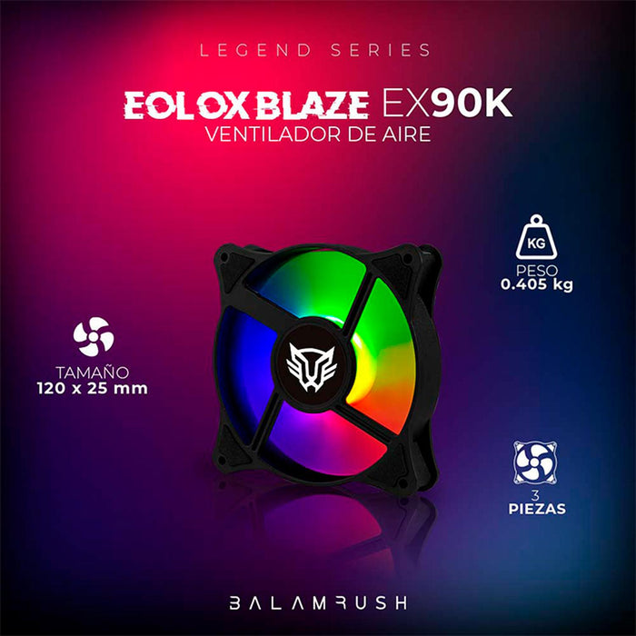 Kit 3 Ventiladores Gamer BALAM RUSH EOLOX BLAZE EX90K 120mm ARGB Diseño Circular Rainbow 1200RPM Negro 3 Pin Controladora BR-937948