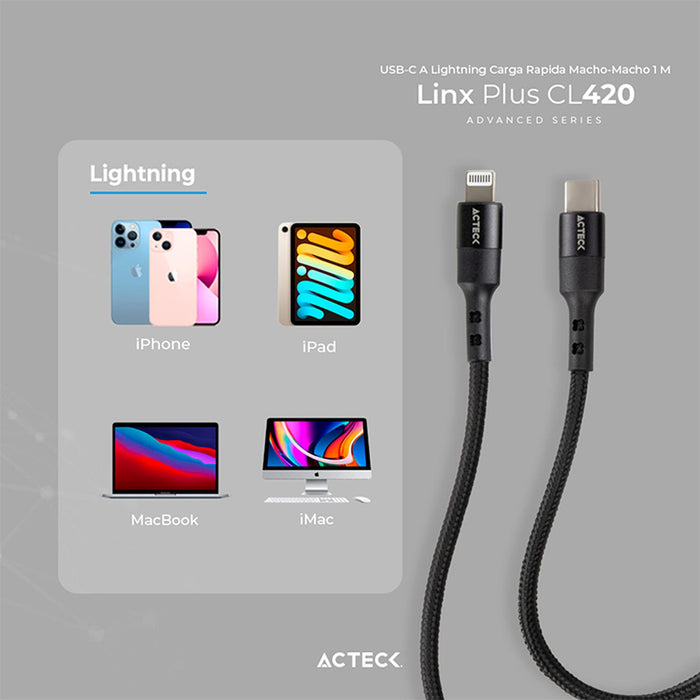 Cable ACTECK LINX PLUS CL420 USB C a LIGHTNING 1 Metro Negro AC-934862