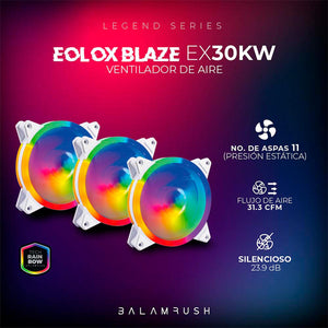 Kit 3 Ventiladores Gamer BALAM RUSH EOLOX BLAZE EX30KW 120mm ARGB Diseño Circular Borde LED Rainbow 1200RPM Blanco Molex BR-938013