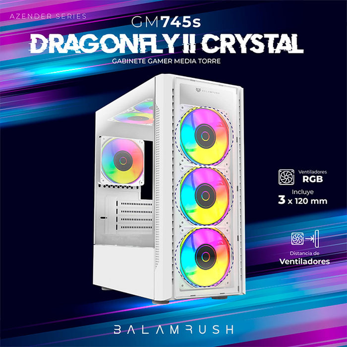 Gabinete Gamer BALAM RUSH DRAGONFLY II CRYSTAL GM745s Micro ATX Media Torre 3 Fan Cristal Templado Blanco BR-936064