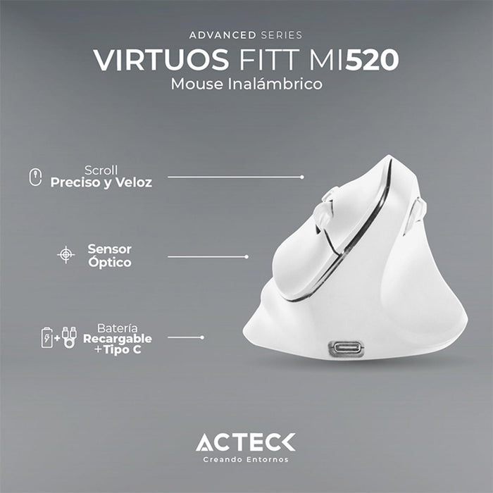 Mouse Ergonomico ACTECK VIRTUOS FITT MI520 2400dpi 6 Botones Inalambrico Blanco AC-936231