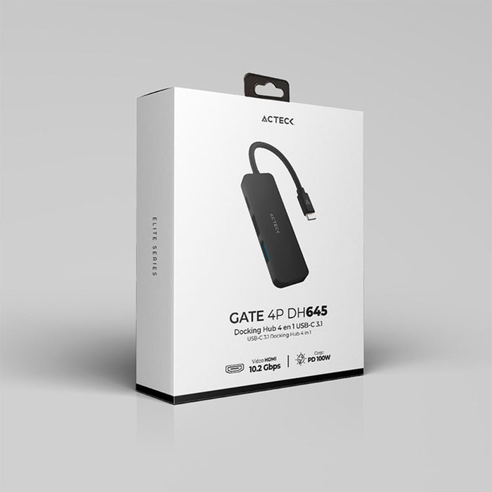 HUB ACTECK GATE 4P DH645 Multipuerto 4 en 1 USB-C HDMI 4K Negro AC-934640