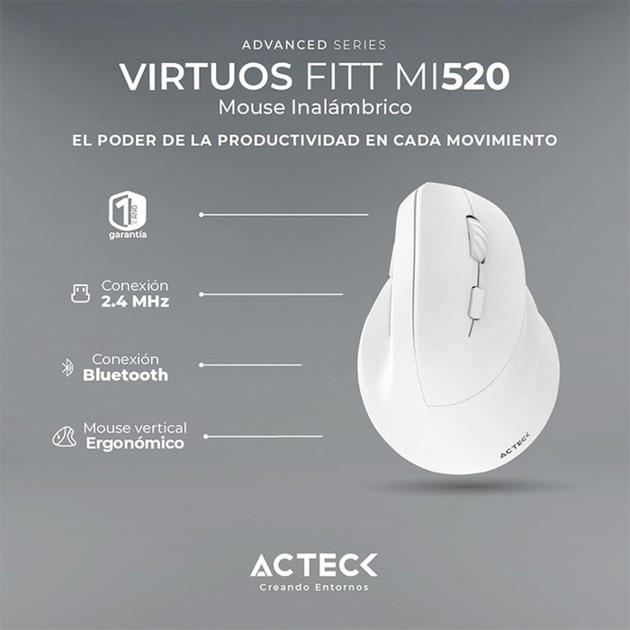 Mouse Ergonomico ACTECK VIRTUOS FITT MI520 2400dpi 6 Botones Inalambrico Blanco AC-936231