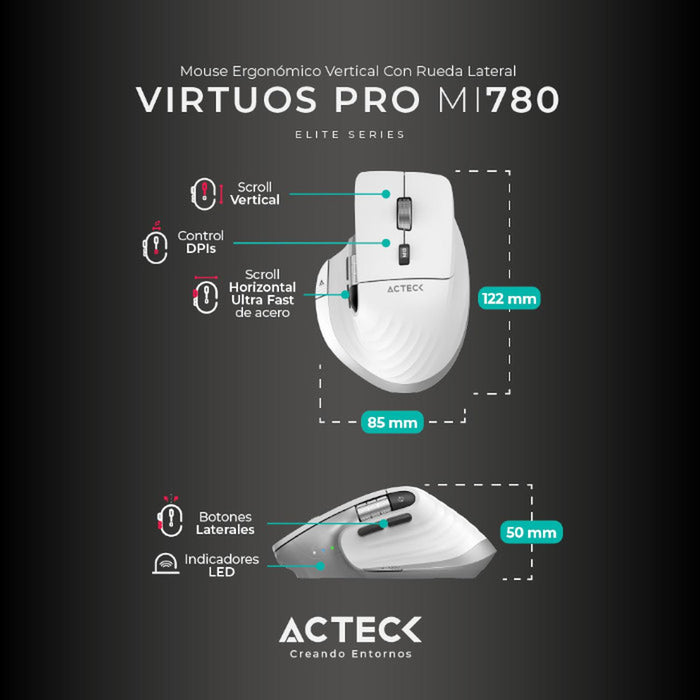 Mouse Ergonomico ACTECK VIRTUOS PRO MI780 3000dpi Inalambrico 8 botones Blanco AC-936194