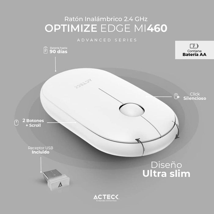 Mouse ACTECK OPTIMIZE EDGE MI460 Ultra Delgado 1600dpi 2 Botones Inalambrico USB 2.4 Ghz Blanco AC-934114