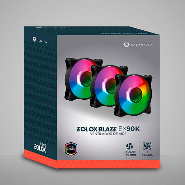 Kit 3 Ventiladores Gamer BALAM RUSH EOLOX BLAZE EX90K 120mm ARGB Diseño Circular Rainbow 1200RPM Negro 3 Pin Controladora BR-937948