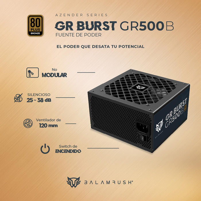 Fuente de Poder PC 500W Gamer BALAM RUSH GR BURST GR500B 80 Plus Bronze No Modular Negro BR-937702