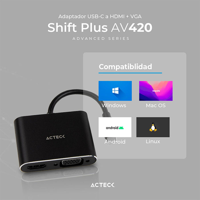 Adaptador Convertidor ACTECK SHIFT PLUS AV420 USB Tipo C a HDMI + VGA Negro AC-934657