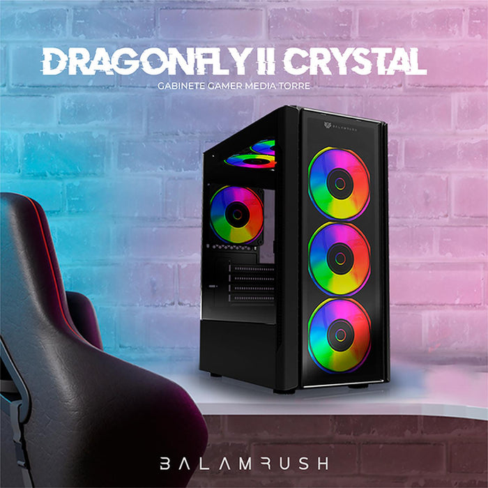 Gabinete Gamer BALAM RUSH DRAGONFLY II CRYSTAL GM745s ATX Media Torre 3 Fan Cristal Templado Negro BR-936057