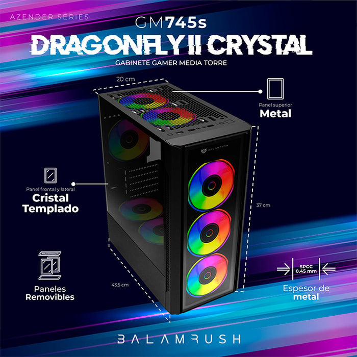 Gabinete Gamer BALAM RUSH DRAGONFLY II CRYSTAL GM745s ATX Media Torre 3 Fan Cristal Templado Negro BR-936057