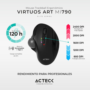 Mouse Ergonomico ACTECK VIRTUOS ART MI790 1600dpi Inalambrico 8 botones Negro AC-936309