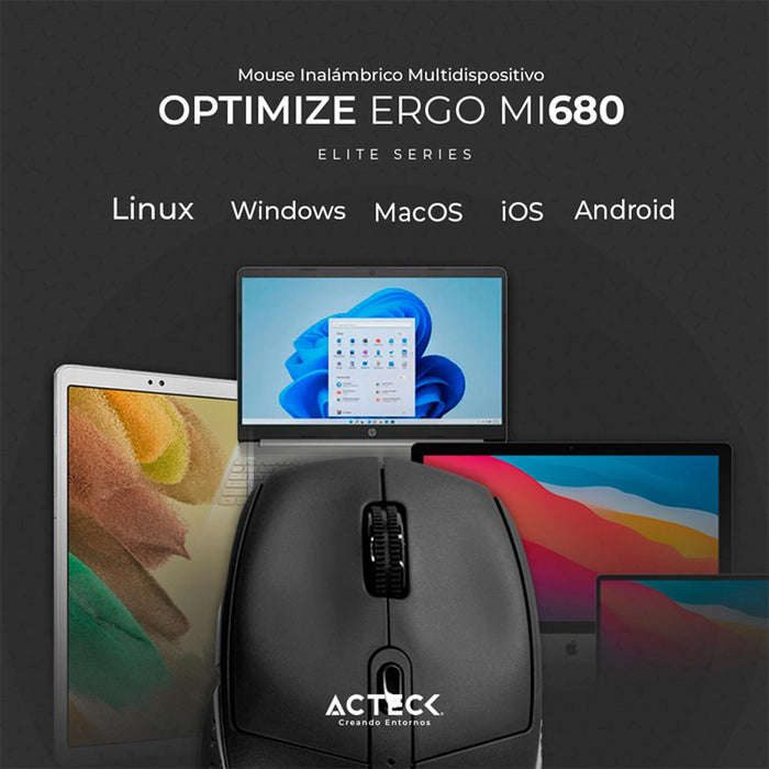 Mouse ACTECK OPTIMIZE ERGO MI680 1600dpi 6 botones Inalambrico USB 2.4 Ghz Negro AC-934077