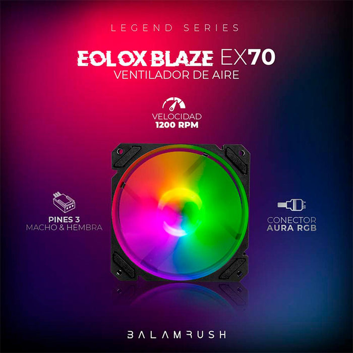 Ventilador Gamer BALAM RUSH EOLOX BLAZE EX70 120mm ARGB Diseño Cuadrado Rainbow 1200RPM Negro 3 Pin BR-938044