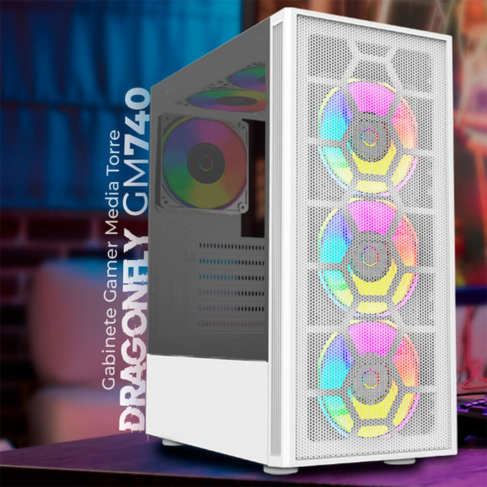 Gabinete Gamer BALAM RUSH DRAGONFLY II MESH GM740 ATX Media Torre 4 Fan RGB Cristal Templado USB 3.0 Blanco BR-935999